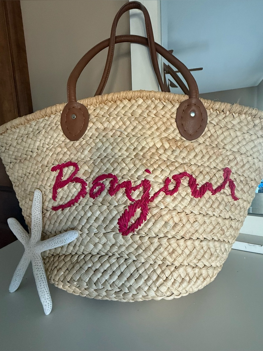 Bonjour large woven beach tote bag